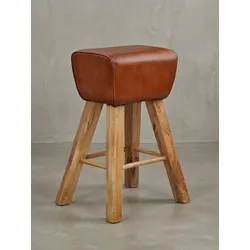 KADIMA DESIGN Sportlicher Turnbock-Barhocker, Ziegenleder und Mango Massivholz, 43x75x43 cm, dunkelbraun.