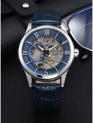 Multicon Wholesale Hub Waterproof Hollow Leather Men's Watch Automatic Mechanical Rome Watch blue White