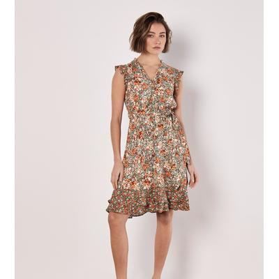 Minikleid APRICOT "Geblümtes Minikleid", Damen, Gr. S (36), N-Gr, grün (khaki), gewebt, Obermaterial: 100% Viskose CV., geblümt, normal, V-Ausschnitt, Kleider Minikleid, mit Rüschen