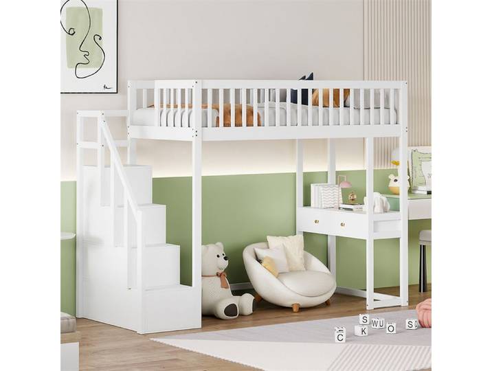 DRIPEX Lit mezzanine 90x200cm avec table multifonctions escalier de rangement sécurisé cadre de lit pour enfants/adolescents Blanc