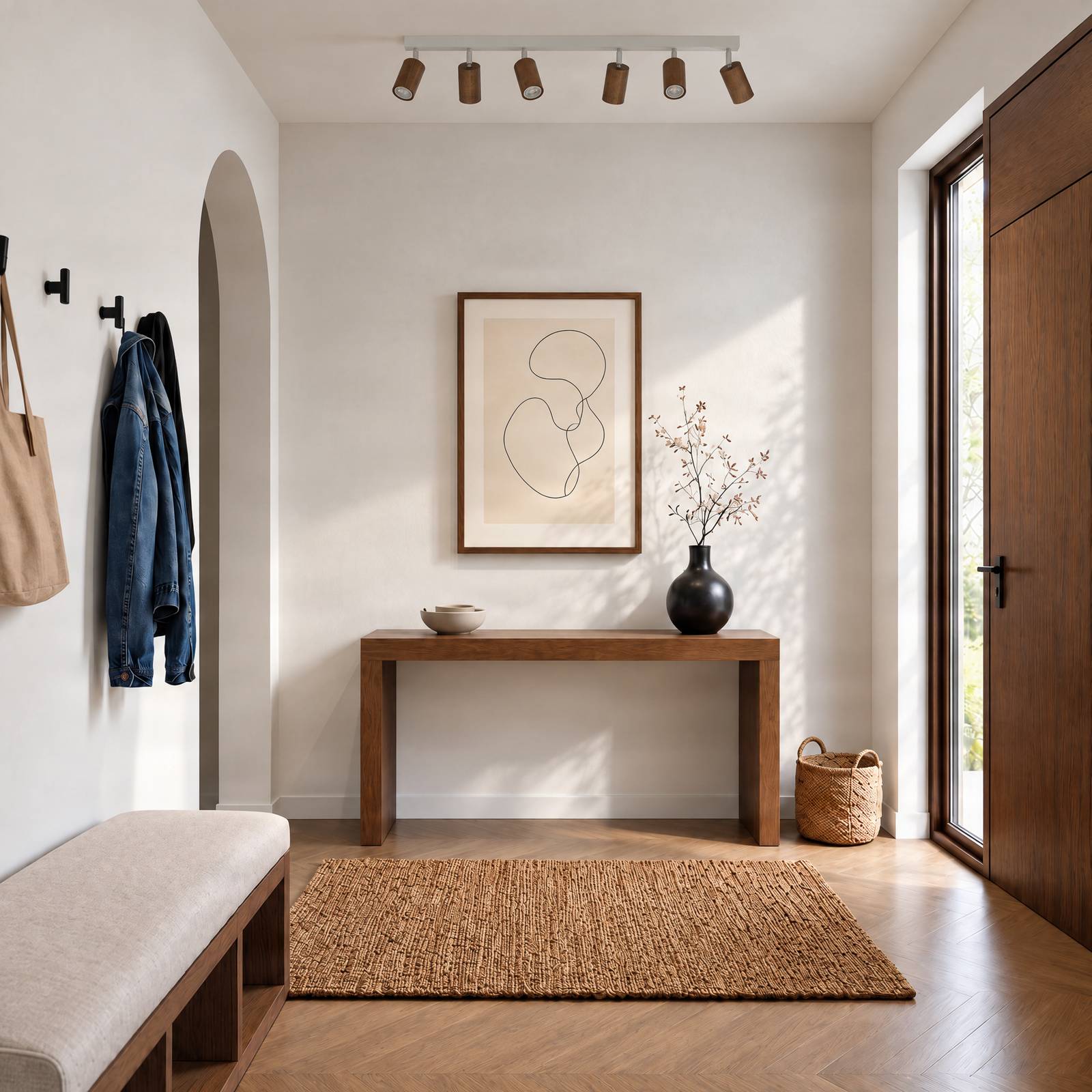 Deckenstrahler Nisse, weiß, Länge 90 cm, 5-flg., Holz/Metall Nisse Luminex, dimmbar, weiß / opal, für Wohn- / Esszimmer, Holz, Downlights