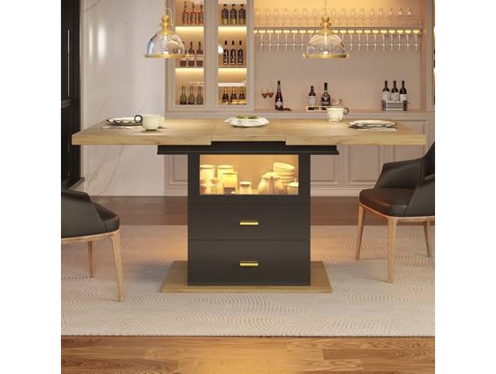 Merax Ausziehbarer Esstisch 110–140 cm mit LED-Beleuchtung, Esstisch aus Holz mit Schubladen, Küchentisch ausziehbar für 4–6 Personen, Esszimmertisch MDF Holzmaserung