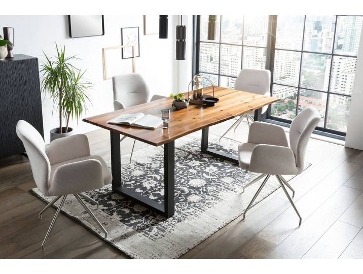 SalesFever Essgruppe Tischgruppe für gemütliche Familienabende, (Set, 5-tlg), Tischplatte mit echter Baumkante, Gestell aus rostfreiem Edelstahl