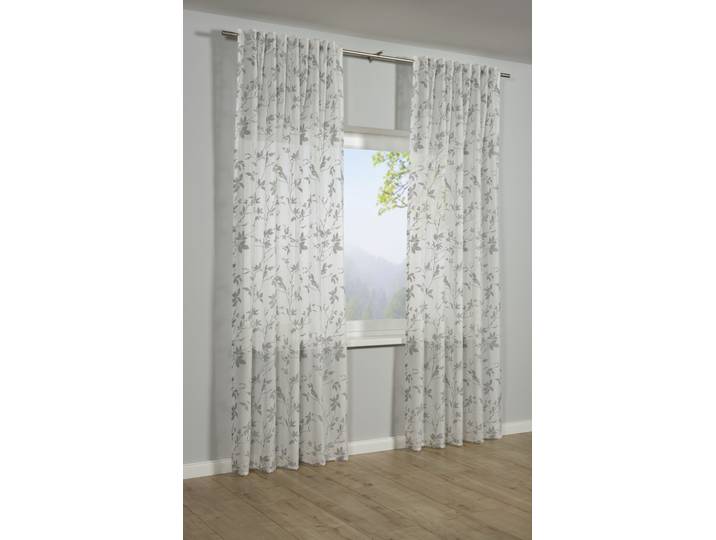 Gardine SEHLBACH Schal Zweige Gr. 2, grau, B:140cm H:245cm, Polyester, Viskose, Gardinen, Gardine, mit Gardinenband und verdeckten Schlaufen