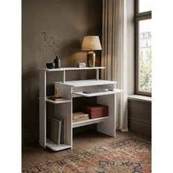 Schreibtisch – Weiß, 94x90,5x48,5 cm, Tastaturauszug, kompakt, mit Druckerablage