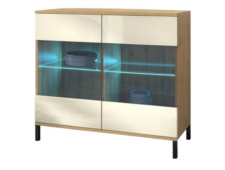 Vladon Kommode Bari V3, Moderner Küchenschrank mit 2 großen Glastüren inkl. RGB Beleuchtung Eiche Evoke/Creme Hochglanz (92,5 x 83.5 x 35)