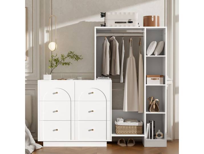 Armoire de dressing rangement chambre adulte blanche commode 6 tiroirs et étagères penderie 139 x 35 x 133 cm