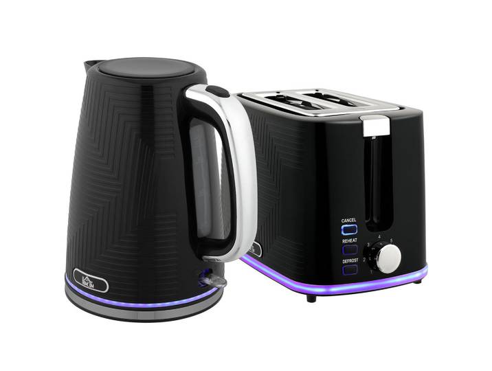 Homcom Wasserkocher-Toaster-Set 2er Set Stahl Kunststoff Schwarz, Metall, 16.7x23.2x22.2 cm, Kochgeschirr, Küchengeräte, Wasserkocher