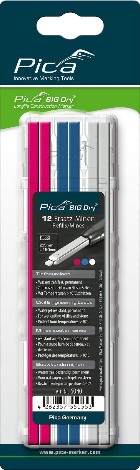 Pica Big Dry Tiefbau 6040 Ersatzminen für Tieflochmarker-Bleistift farbsortiert