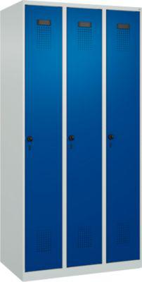 Kleiderspind C+P Evolo Plus, 3 Abteile, Anschlag rechts, Sicherheits-Drehriegel, B 900 x T 500 x H 1850 mm, lichtgrau/enzianblau