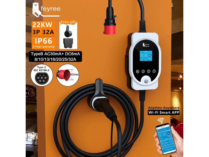 Feyree Chargeur portable 22 kW pour voiture électrique, câble Type 2, 32 A, 3 phases, station de recharge EVSE intelligente Wi-Fi avec application, station de recharge rapide