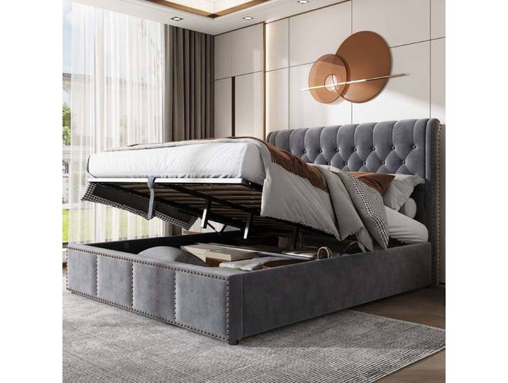 Lit coffre - Lit double 140 x 200 cm - Velours - Avec rangement - Gris