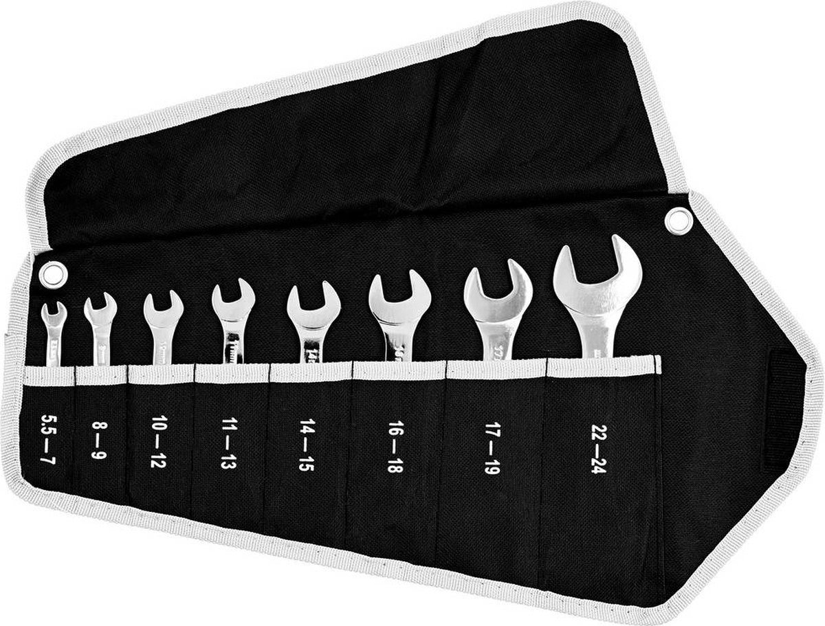 Kunzer 7SLS08 Speciale sleutelset, 8-delig, staal, 5,5-24 mm, dubbele vorksleutel met roltas