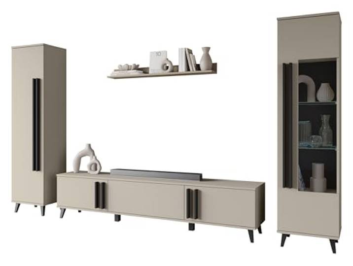 Mirjan24 Wohnzimmer-Set Hailea II, Wohnzimmerschrank, Schrankwand, im Set: Regal, Vitrine, Wandregal, TV-Lowboard (Congo/Schwarzer Graphit, ohne Beleuchtung)