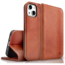 Nalia Echt Leder Flip Case Hülle mit Magnetverschluss (Apple iPhone 15 Plus), Smartphone Hülle, Braun