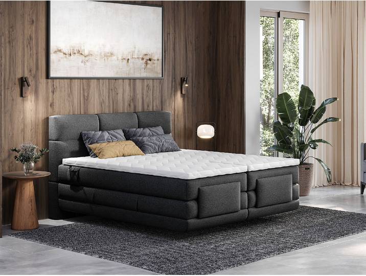 Boxspringbett mit gestepptem Kopfteil + elektrischem Untergestell mit Relaxfunktion + Matratze + Topper - 2 x 90 x 200 cm - Stoff - Anthrazit - LODI von PALACIO