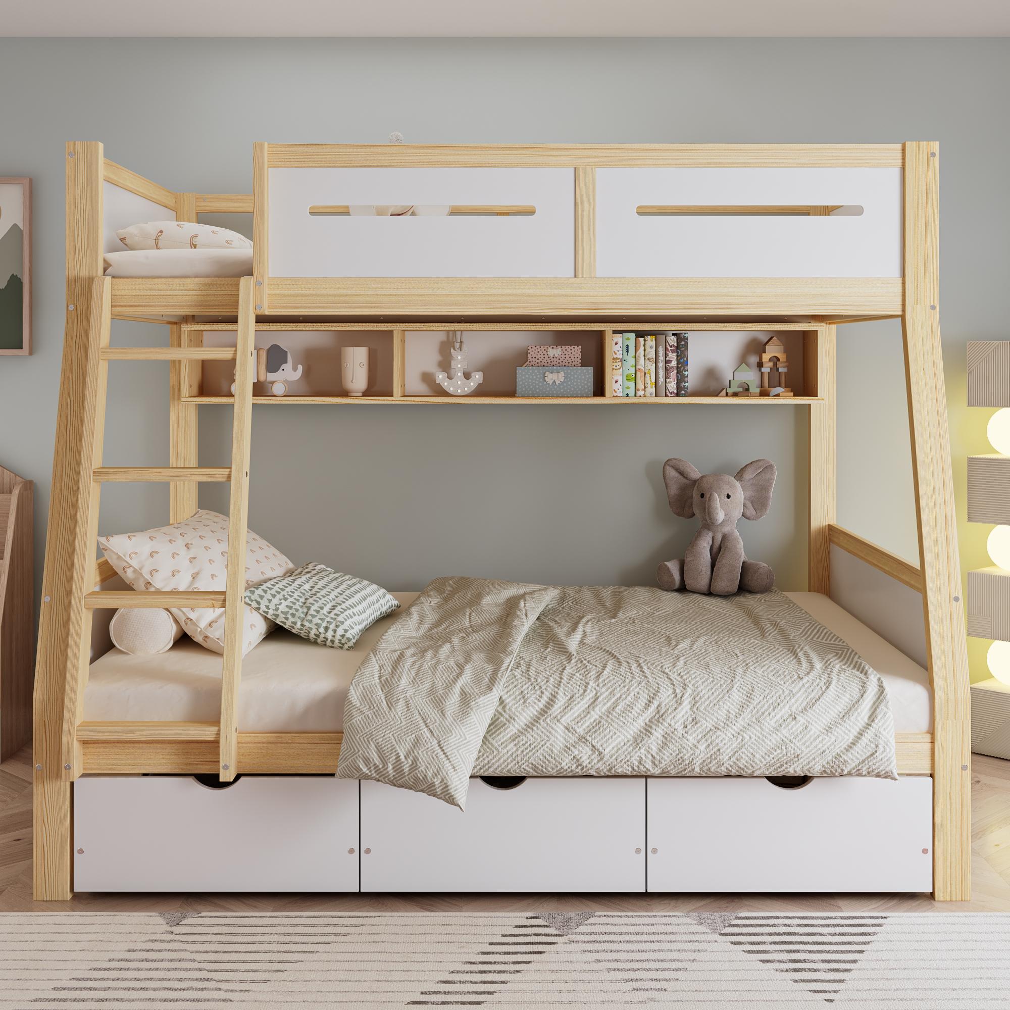 Etagenbett, Kinderbett, Drei Schubladen mit Rollen, 2m Bilderbuchständer, Sichere vierseitige Umzäunung und Trittleiter, Kiefer + MDF + Sperrholz, Weiß+Natur, 90x200cm&120x200cm