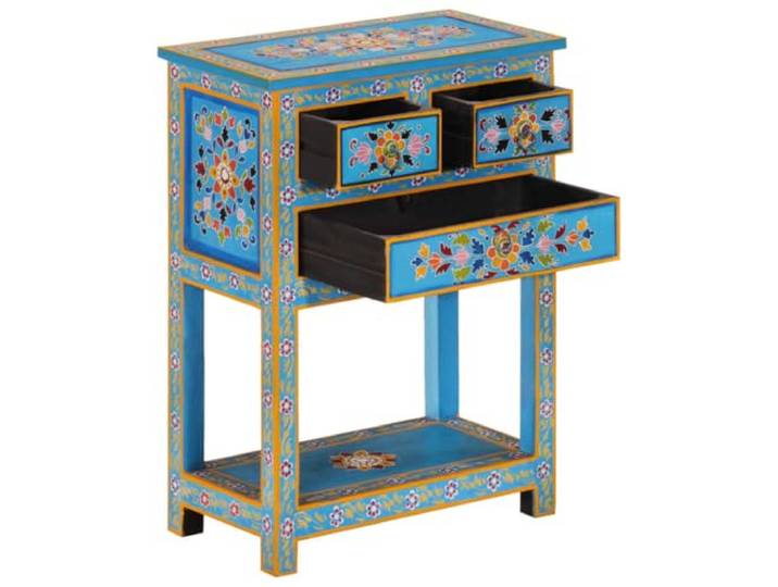 Sideboard Türkis 55x30x76 cm Massivholz Mango Handbemalte Verzierungen,3 Schubladen,1 Ablage,feuchtes Tuch,Mangoholz,stabil