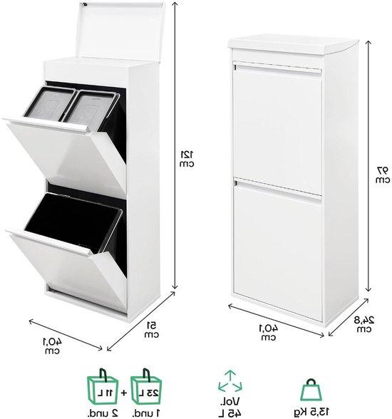 Recyclingbehälter mit Fächern - Mülltrennung - Mülltrennung zu Hause - Drei herausnehmbare Behälter - 45 Liter Gesamtvolumen - Weiß