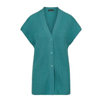 Strickjacke GOLDNER "Strickweste mit Rautenmuster", Damen, Gr. 44, blau (türkis), Obermaterial: 70% Polyacryl PAN. 30% Schurwolle WV., figurumspielend, V-Ausschnitt, Rippbündchen, Strickjacken Strickjacke, seitliche Schlitzer