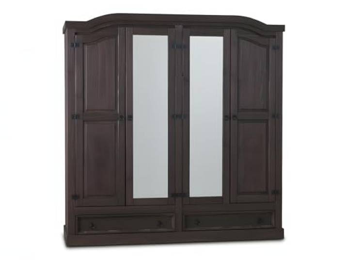 Hacienda-Look – 4-türiger Kiefer Kleiderschrank New Mexico kolonial – B193,5xH 193xT 57cm – 2 Schublade(n) – massive Kiefer – Farbe Dunkelbraun – Hacienda-Stil – wärmender Massivholz-Look fürs Zuhause