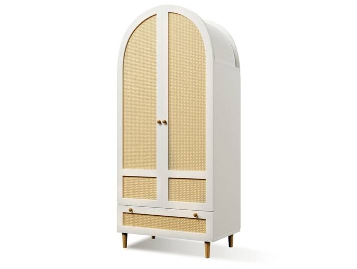 Armoire Rotin Blanc 80x50x180 cm - Placard à Vêtements avec Penderie et Tiroir - Meuble de Rangement pour Chambre Entrée ou Salon