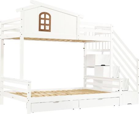 Etagenbett 90x200cm ohne Matratze 120x200cm Kinderbett 2 Schubladen Rollen schoene Fenster Eck-Leiterschrank stabile Sperrholz Weiss Naturbelassen