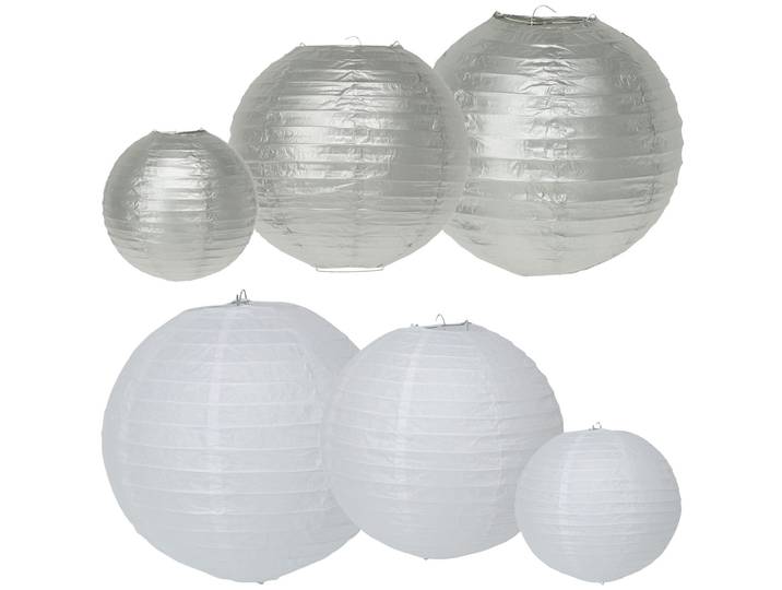Papier-Lampions, 6 Stück in 3 Grössen, weiss & silber