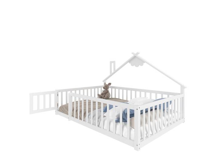 Flieks Flachbett 140x190cm Weiß Kiefer Kinderbett Hausleiste Geländer, Holz, 140x190 cm, Schlafzimmer, Betten