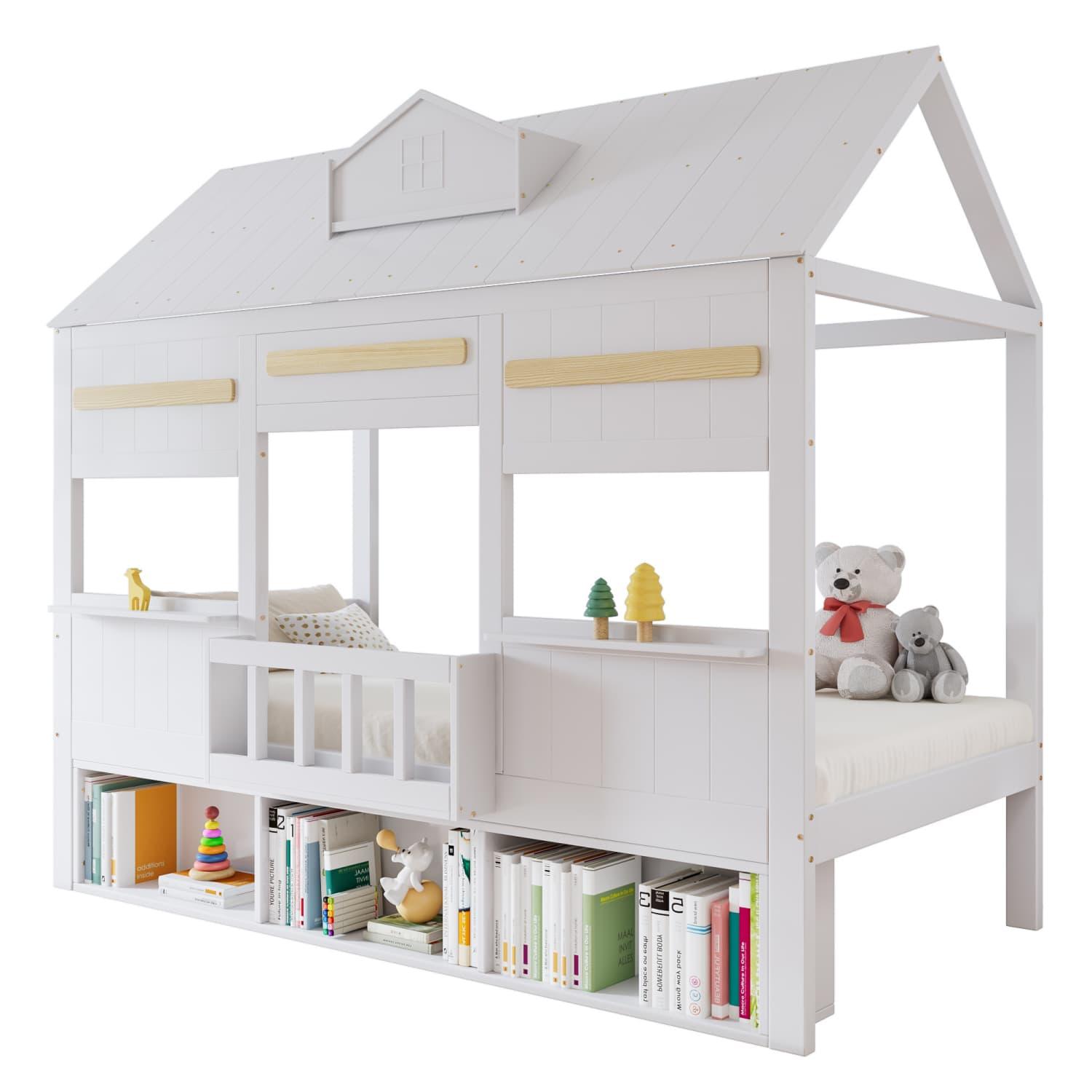 Hochbett, Kinderbett, Feines hausförmiges Design, ZMit einer Reihe Bücherregal, Stabiler Lattenrost, Kiefer + MDF + Sperrholz, Weiß, 90x200cm