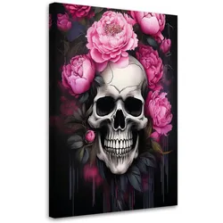 WANDBILD totenkopf rosa pfingstrosen blumen