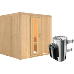 Karibu Sauna Daria - 68 mm Systemsauna - 230 Volt Plug & Play-3,6 kW Plug&Play Ofen mit integrierter Steuerung-Ohne Dachkranz- Isolierte Saunatür