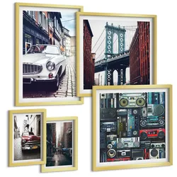 BILDER SET 5er Set - 50x50 cm & 20x30 cm & 40x60 cm Goldrahmen - Old Cars Brooklyn Retro-Audio