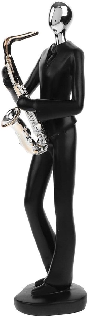 Saxofonist Beeldje Zwart - Abstract Kunstwerk voor Tafeldecoratie - Lengte: 28 cm