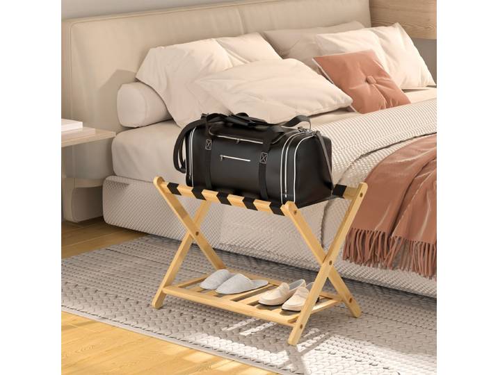 Porte-valise en bambou portable, pliable, pour séjour chez l'habitant, hôtel, porte-bagages double couche, rangement de bagages au sol pour la maison