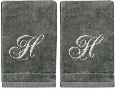 Creative Labs Soft Velour Silver Monogrammed Towels Fingertip - Set of 2