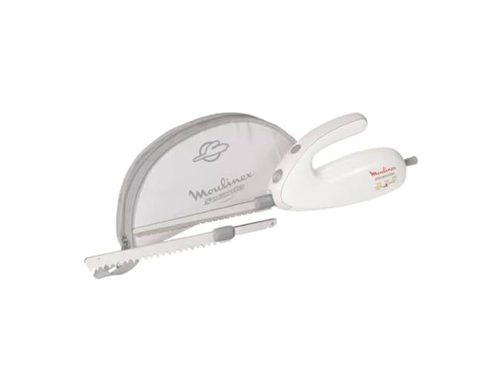 Moulinex - Couteau électrique Secanto avec deux jeux de lames - Blanc Trancheuse à pain et viandes - Lames auto-affûtantes pour surgelés - Poignée ergonomique - Sac de rangement inclus
