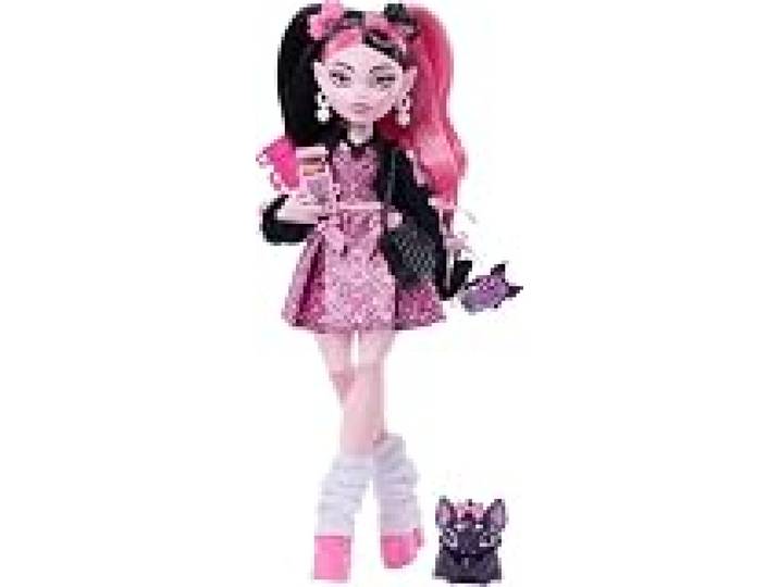 Monster High Draculaura poupée Halloween avec chauve-souris Halloween Vampire en robe rose et cardigan noir avec Comte Fabulous et 7 accessoires comme ramen, JHK29