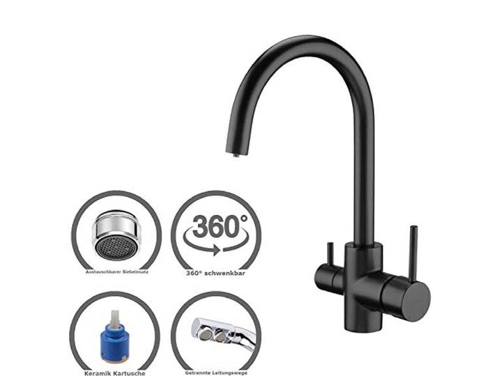 DEANTE 3-Wege Wasserhahn PIEGATO, Designer Küchenarmatur für Wasserfilter - Trinkwasserhahn, Schwarz Matt