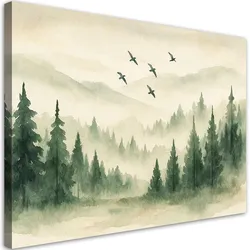 LEINWANDBILD Wald Berge Vögel Aquarell Grün Natur 90x60cm