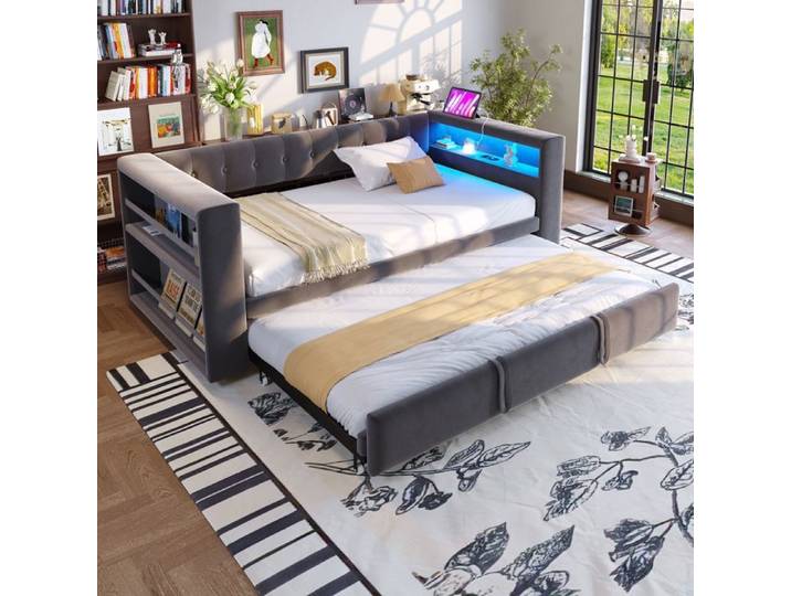 Lit rembourré O.Ye 90/180 x 190 cm avec éclairage LED grand espace de rangement canapé-lit multifonction Gris gris LIT COMBINE