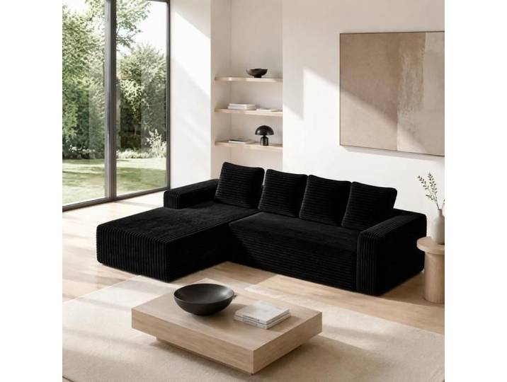 Canapé d'angle modulaire contemporain avec méridienne en L en velours côtelé 4 places assise profonde modulable à volonté noir