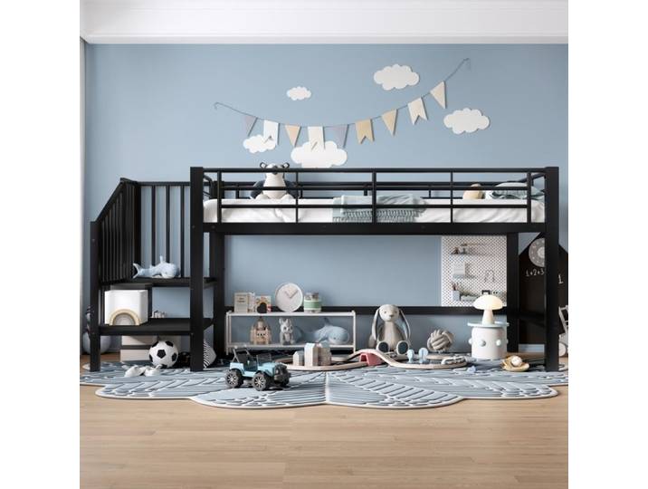 Luscriate - Lit 90x200cm 1 places lit mi-hauteur Lit enfant escalier rangement chambre moderne - noir
