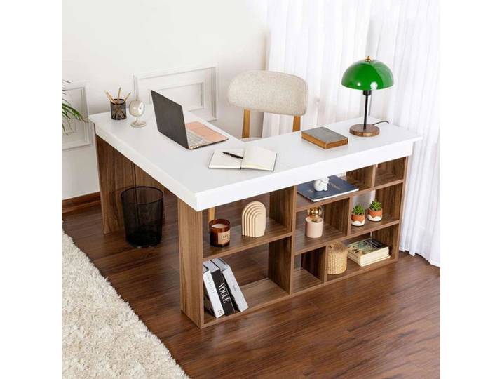 Scrivania Altin Dmora en bois mélaminé blanc 130x120x72h cm