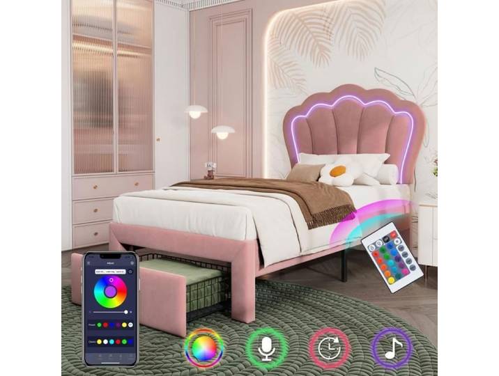 Lit coffre 90x190 cm - avec tiroir avec tiroir Lit APP- Control LED - Lit enfant - Rose