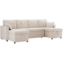 Schlafsofa U-förmig 270×130×86 cm mit Stauraum Baumwoll-Leinen Stoff Beige – großes Sofa Bett flexibel & komfortabel