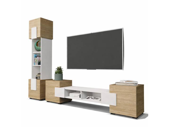 Komodee Wohnwand Torino Hängend + Stehend, 2-er Set, Mattes Finish, Arktisches Weiß, Ölbehandelt Eiche, Weiß, Eichefarben, Kunststoff, Rechteckig, 220x172x35 cm, Wohnzimmer, Wohnwände