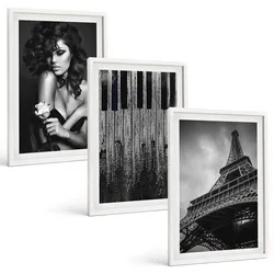 BILDER SET 3er Set - 40x60 cm Weißer Rahmen - Porträt einer Frau mit einer Eiffel-Rose