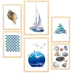 POSTER Set Mit 6 Komposition Meer Strand Sommer A3 & A4 Rahmen Aus Hellem Holz