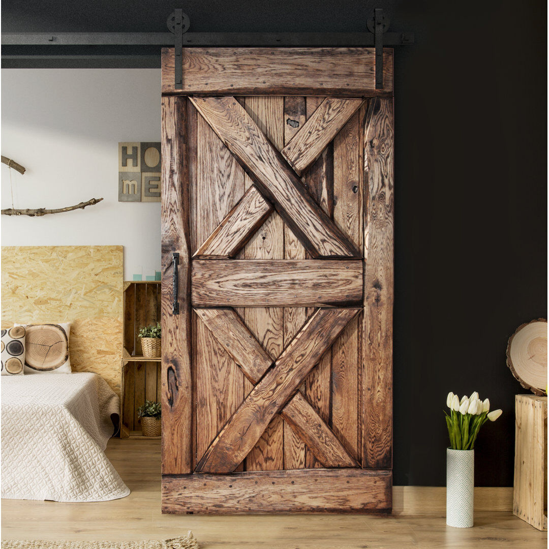 Union Rustic Virpi Solid Oak Sliding Door Primed Brown 220 H x 90 W x 4 D